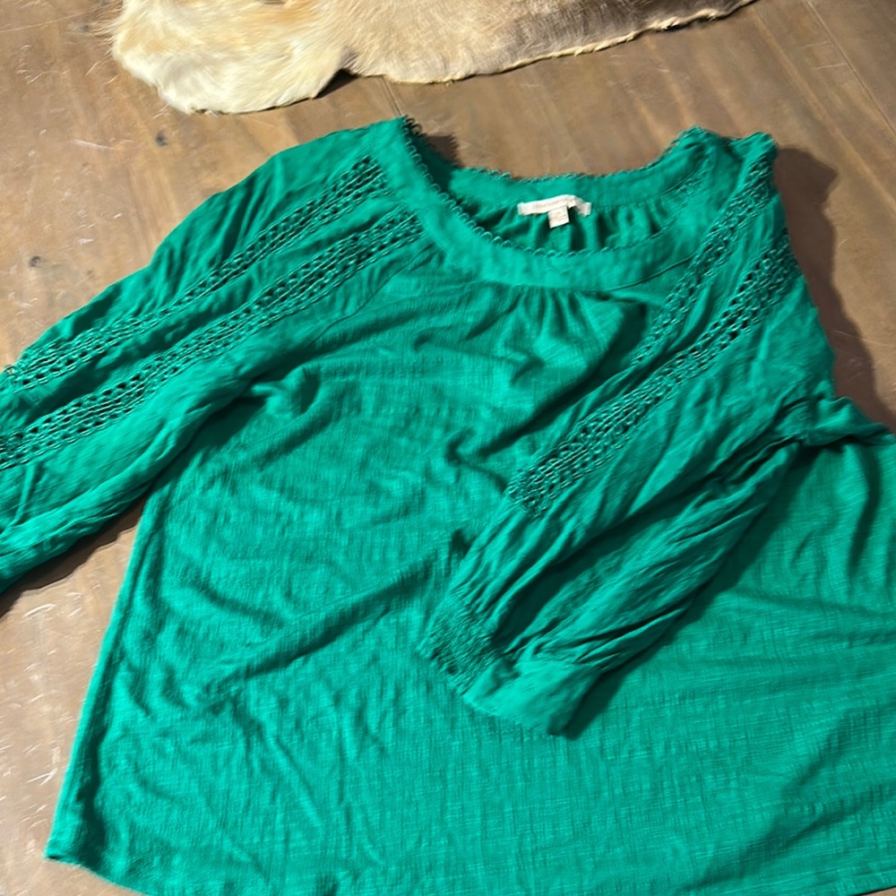 Skies Are Blue Teal Blouse with Lace Accents